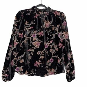 Caché Black Floral Velvet Mock Neck Top Size XS